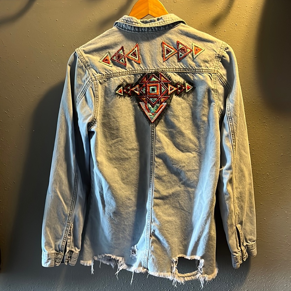Denim shirt with custom embroidered patches